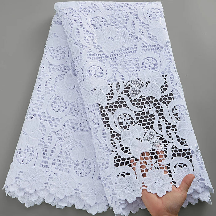 SJD New Arrival African White Guipure Cord Lace Fabric 2024 High Quality Nigeria Water Soluble Lace For Women Evening Dresses