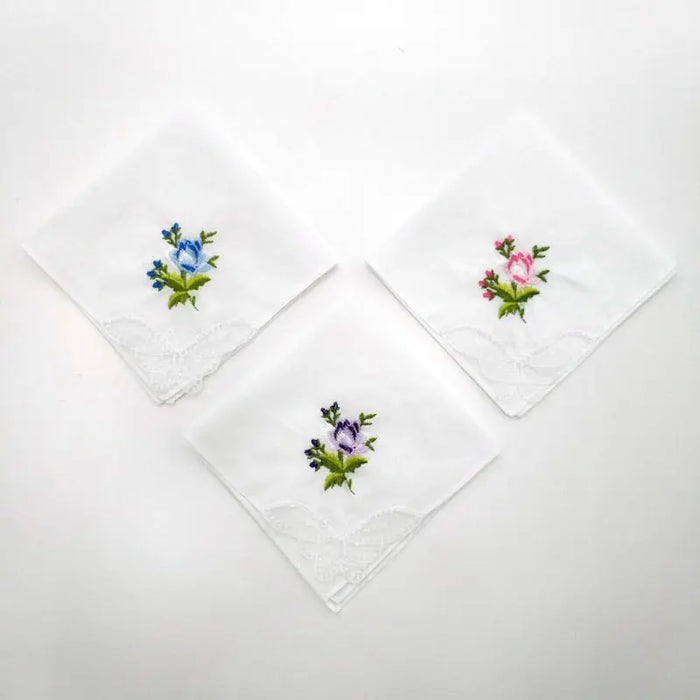 3Pcs/Set Women  White Square Handkerchief Floral Embroidered Pocket Hanky  Lace Cotton Baby Bibs Portable Towel