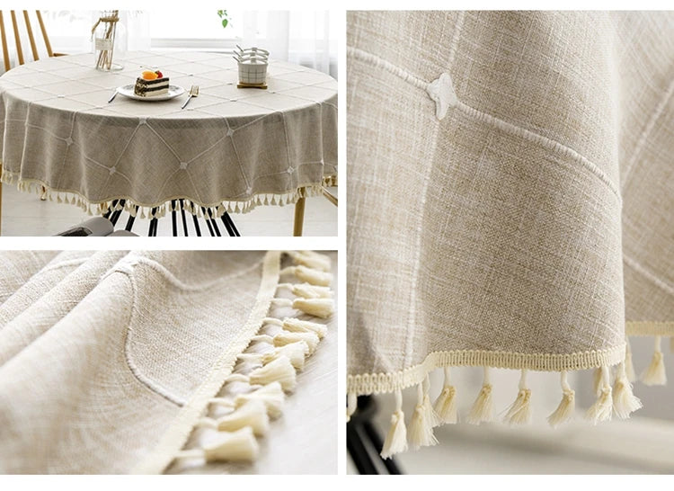 ring a touch of elegance to your special day, this luxurious and chic round plaid cotton linen tablecloth is perfect for any occ