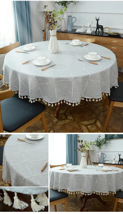 ring a touch of elegance to your special day, this luxurious and chic round plaid cotton linen tablecloth is perfect for any occ