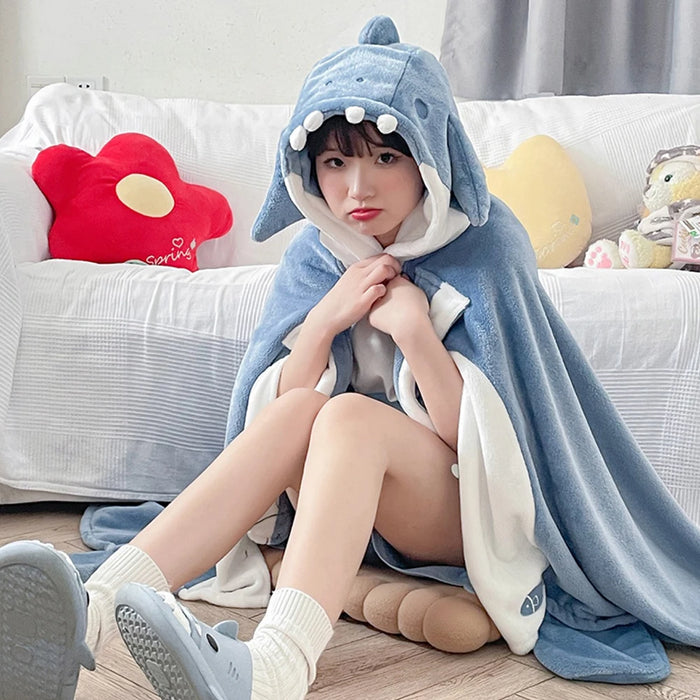 Shark Blanket Adult Cartoon Pajama Hooded Winter Warm Blanket Coral Fleece Homewear Shark Wearable Sofa Blanket Cloak