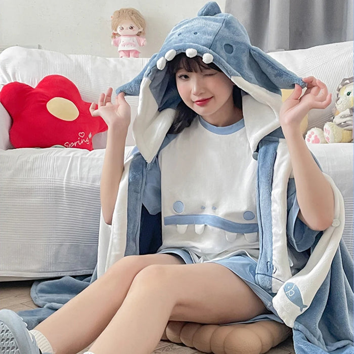 Shark Blanket Adult Cartoon Pajama Hooded Winter Warm Blanket Coral Fleece Homewear Shark Wearable Sofa Blanket Cloak