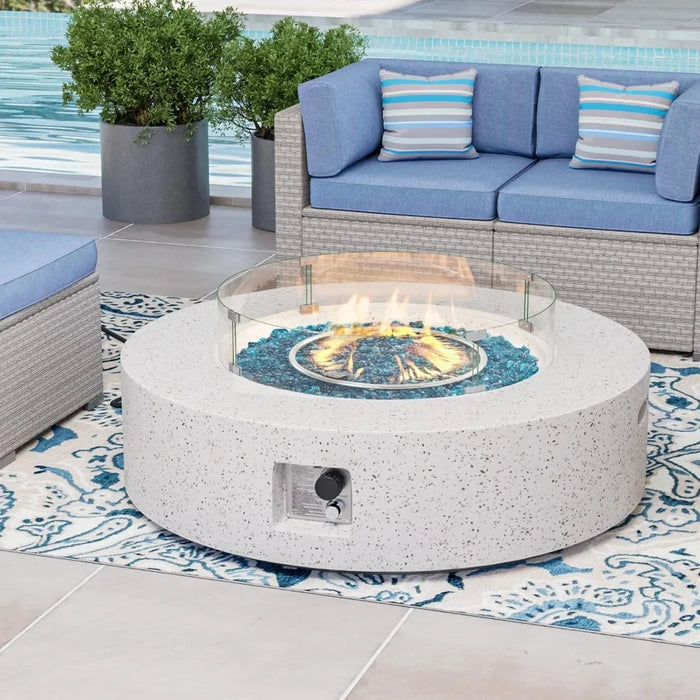 Outdoor Propane Fire Pit Coffee Table W Terrazzo 40.5-inch Round Base Patio Heater, 50,000 BTU Stainless Steel Burner Wind Guard