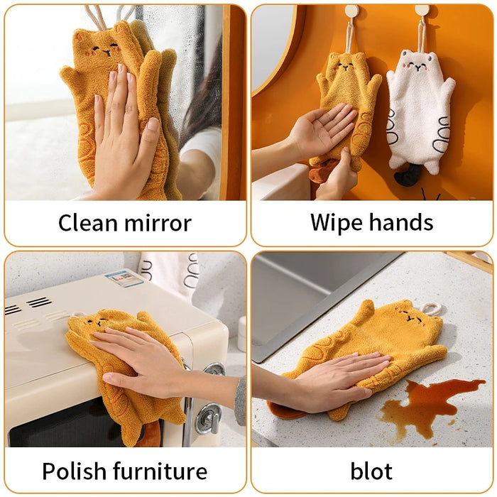 Cute Hand Towels Cat Hanging Towel Coral Fleece Kitchen Cleaning Rags Bathroom Absorbent Quick Dry Handkerchiefs  Decor