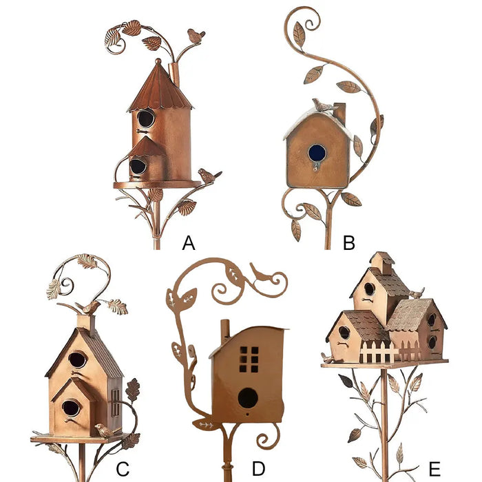 Birdhouse Garden Stakes Metal Bird House with Pole Iron Art Courtyard Bird Feeder Bird Houses for Outdoor Garden Yard Decoration