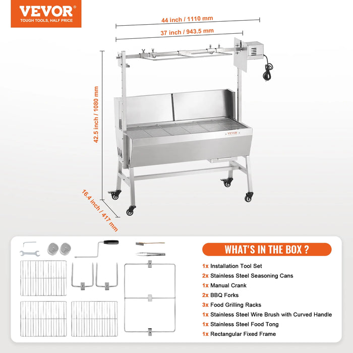 VEVOR Rotisserie Grill w/Windscreen BBQ Whole Pig Lamb Goat Charcoal Spit Grill, 35 Inch w/Lockable Wheels for Camping Outdoor