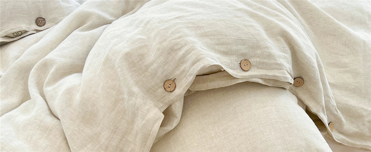 Simple&Opulence 100% Linen 3Pcs Bedding Set  Natural Flax Breathable King Size with Coconut Button Comforter Duvet Cover Set