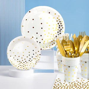 White And Gold Party Supplies 193pcs Golden Dot Disposable Party Dinnerware Set - White and Gold Party Paper Plates Cups Napkins