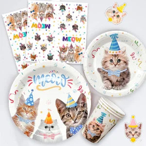 Cat Birthday Party Supplies,167pcs Birthday Decorations &Theme Tableware Set-Party Plates Napkins Tablecloth&Banner Balloons etc