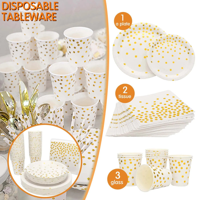 Party Supplies Set Disposable Gold Point Paper Dish Meal Napkin Paper Cup Party Disposable Paper Plates Cups Straw And Napkins