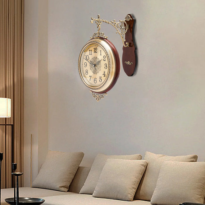 European Art Wall Clock Silent Retro Large Metal Wood Double Sided Wall Clock Living Room Home Decor Clock