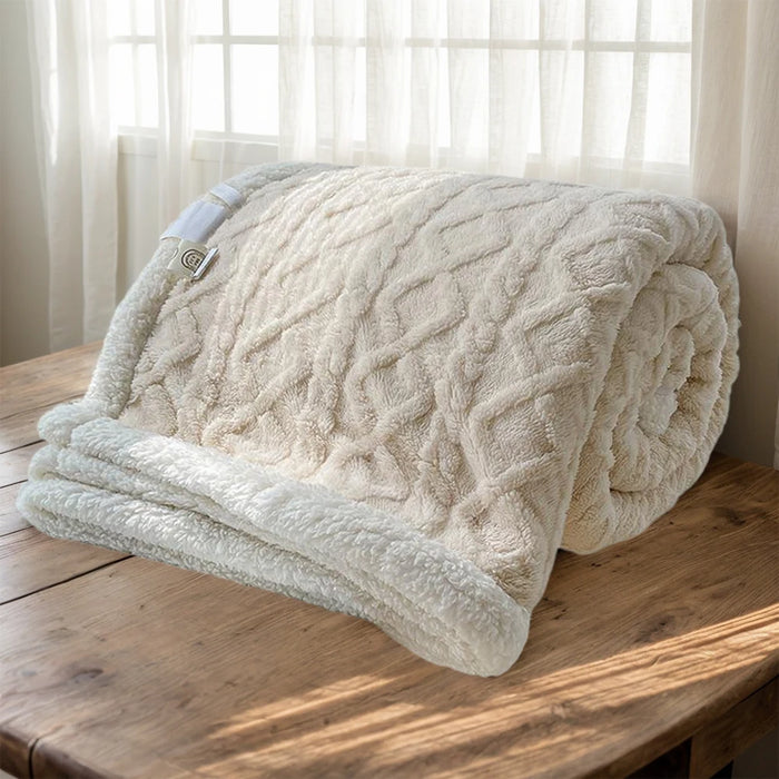 Fleece Throw Thick Blanket for Couch - 300GSM Soft & Warm Fluffy Cream White Blanket, Decorative and Giftable Striped Blankets