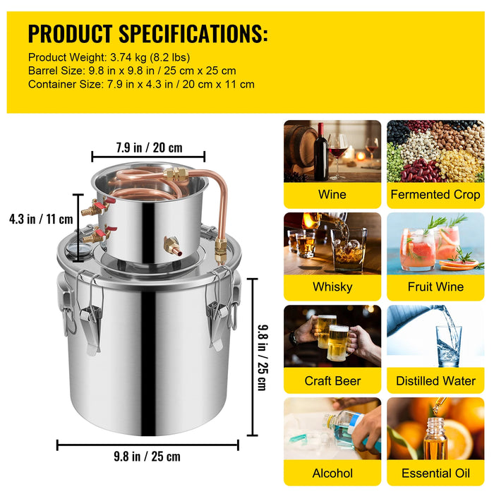 VEVOR Alcohol Still 3Gal/12L Stainless Steel Alcohol Distiller Copper Tube Home Brewing Kit  for DIY Whisky Wine Brandy