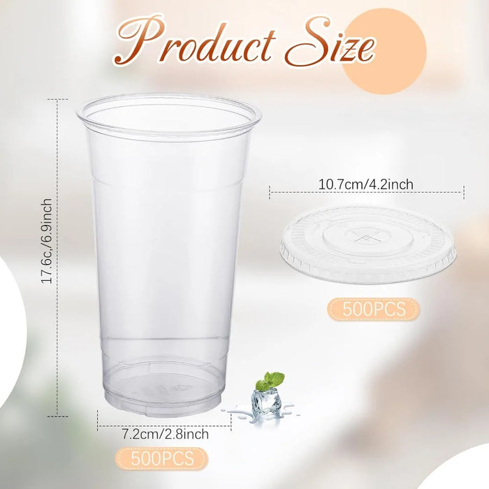 500 Sets Clear Plastic Cups with Flat Lids Bulk PET Disposable Cold Drinking Cups Plastic Cold Party Drinking Cups (32 oz)