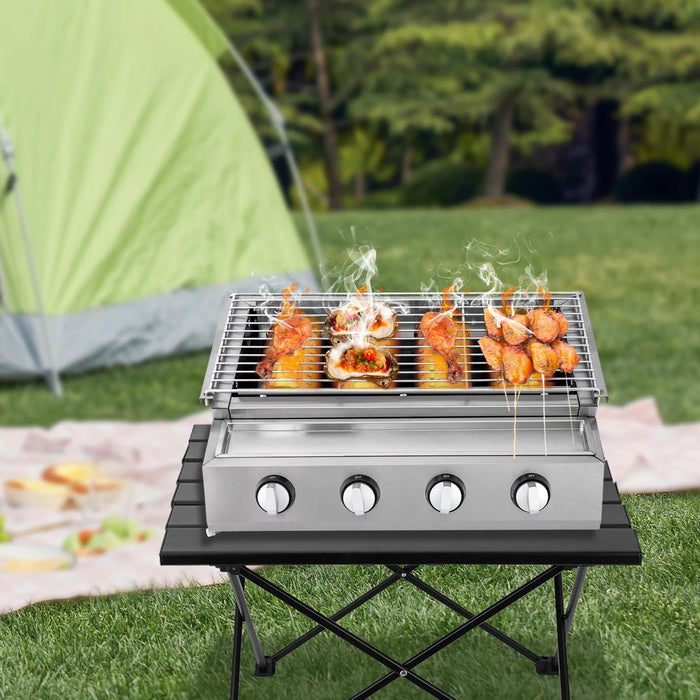 4 Burners Stainless Steel Counter Top Barbecue LPG Gas Grill  Removable BBQ Smokeless Grill for Camping Home Party