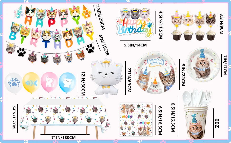 Cat Birthday Party Supplies,167pcs Birthday Decorations &Theme Tableware Set-Party Plates Napkins Tablecloth&Banner Balloons etc