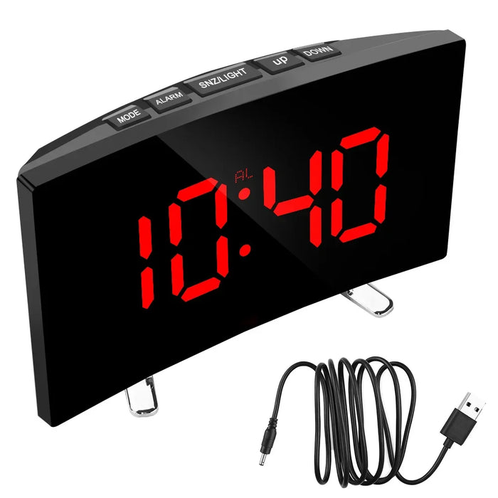 Digital Alarm Clock Large Number Table Clock  Decors   Curved Dimmable Mirror Clock 7 Inch   Bedroom