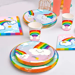 Rainbow Party Supplies,141Pcs Rainbow Party Tableware Set - Rainbow Plates Cups Napkins Table Cloths Serves 20 Guests