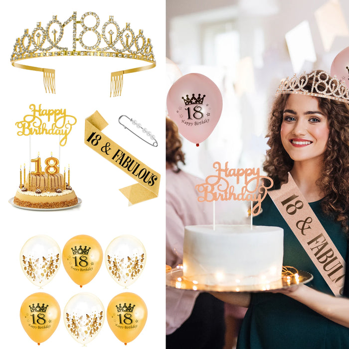 Birthday Sash Crown Set Glitter Girl Birthday Queen Sash Tiara Set with 6 Balloons Birthday Crown Cake Topper Party Supplies