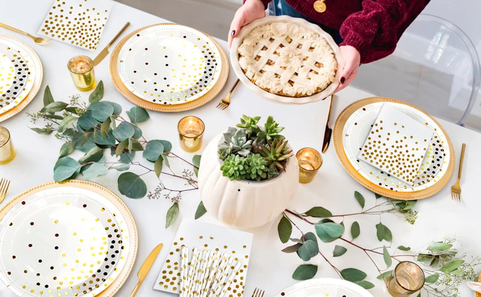 White And Gold Party Supplies 193pcs Golden Dot Disposable Party Dinnerware Set - White and Gold Party Paper Plates Cups Napkins