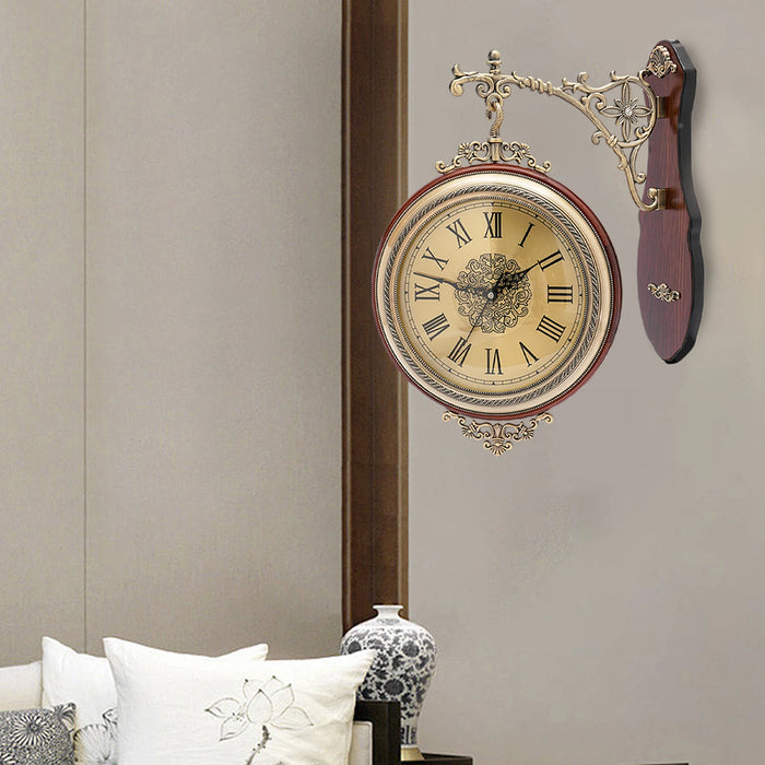 European Art Wall Clock Silent Retro Large Metal Wood Double Sided Wall Clock Living Room Home Decor Clock