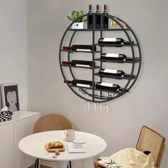 Round Wine Display Rack Bottle Shelf with Glass Holder Home Kitchen Wine Cellar Black/Gold