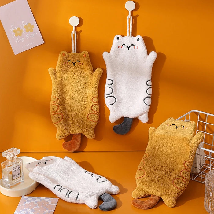 Cute Hand Towels Cat Hanging Towel Coral Fleece Kitchen Cleaning Rags Bathroom Absorbent Quick Dry Handkerchiefs  Decor