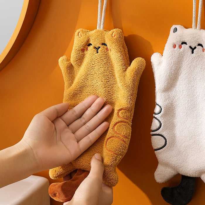 Cute Hand Towels Cat Hanging Towel Coral Fleece Kitchen Cleaning Rags Bathroom Absorbent Quick Dry Handkerchiefs  Decor