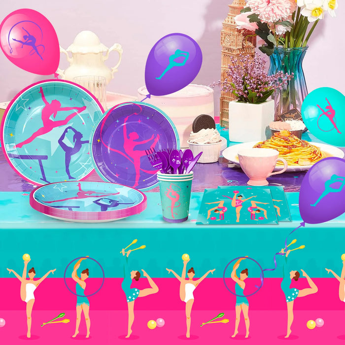 Gymnastics Birthday Party Supplies,140pcs Decorations&Tableware Kit-Gymnastics Plates and Napkins Cups Tablecloth Balloons etc