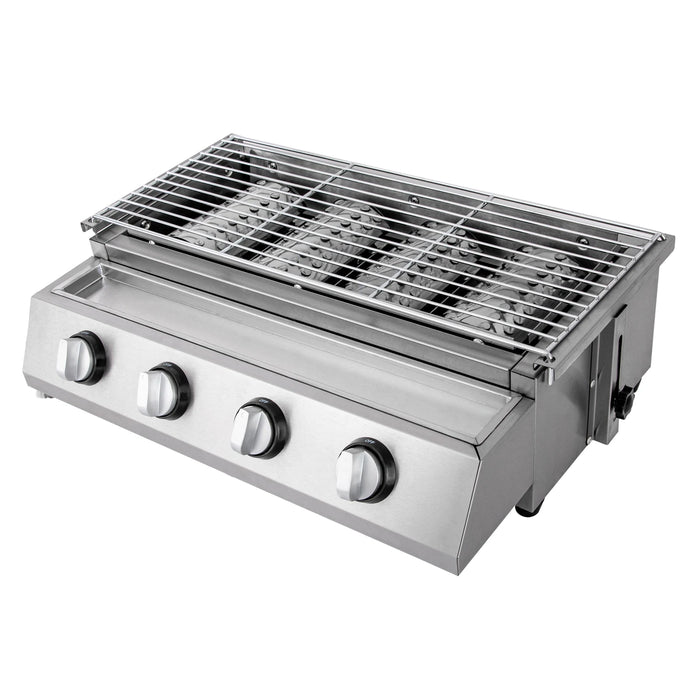 4 Burners Stainless Steel Counter Top Barbecue LPG Gas Grill  Removable BBQ Smokeless Grill for Camping Home Party