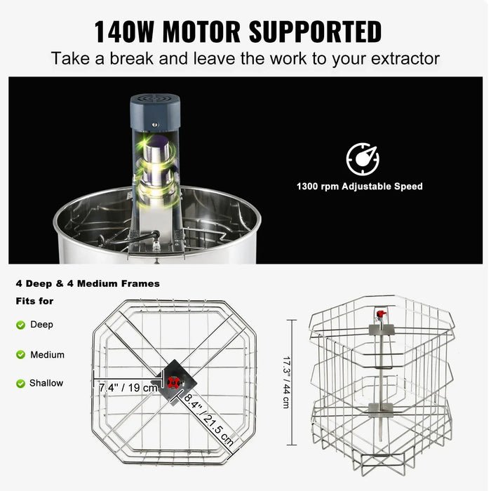 VEVOR Electric Honey Extractor 4/8 Frame Stainless Steel Beekeeping Extraction Honeycomb Drum Spinner w/Transparent Lid Silver