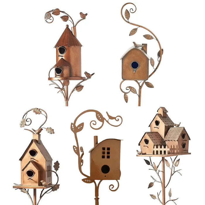 Birdhouse Garden Stakes Metal Bird House with Pole Iron Art Courtyard Bird Feeder Bird Houses for Outdoor Garden Yard Decoration