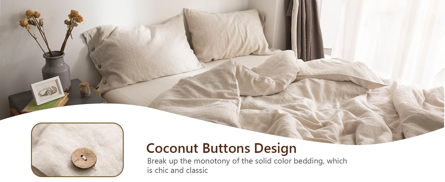 Simple&Opulence 100% Linen 3Pcs Bedding Set  Natural Flax Breathable King Size with Coconut Button Comforter Duvet Cover Set