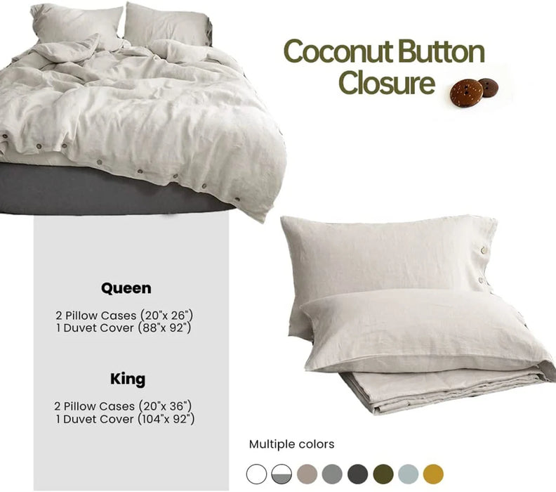 Simple&Opulence 100% Linen 3Pcs Bedding Set  Natural Flax Breathable King Size with Coconut Button Comforter Duvet Cover Set