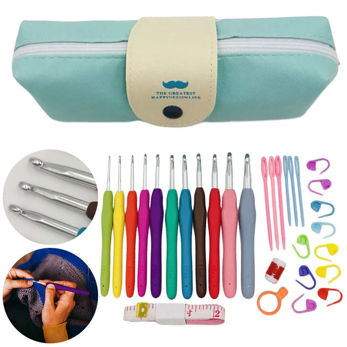 Crochet Hooks Kits with Storage Bag Soft Handle Aluminum Crochet Needles Yarn Weave Knitting Needles Set DIY Sewing Weaving Tool