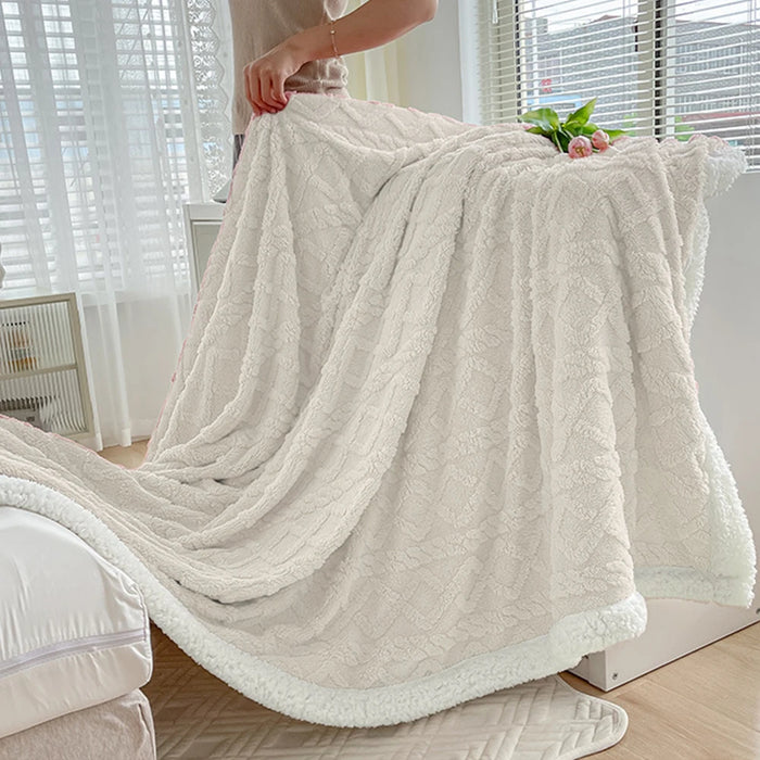 Fleece Throw Thick Blanket for Couch - 300GSM Soft & Warm Fluffy Cream White Blanket, Decorative and Giftable Striped Blankets