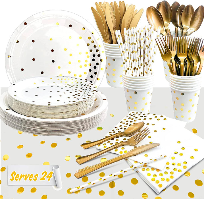 White And Gold Party Supplies 193pcs Golden Dot Disposable Party Dinnerware Set - White and Gold Party Paper Plates Cups Napkins