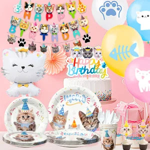 Cat Birthday Party Supplies,167pcs Birthday Decorations &Theme Tableware Set-Party Plates Napkins Tablecloth&Banner Balloons etc