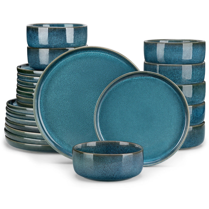 vancasso 12/24Piece Ceramic Plate Set Blue Reactive Glaze Vertical edge Tableware Set with 4/8PCS Dinner Plate/Dessert/Bowl