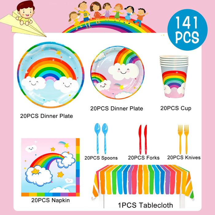 Rainbow Party Supplies,141Pcs Rainbow Party Tableware Set - Rainbow Plates Cups Napkins Table Cloths Serves 20 Guests