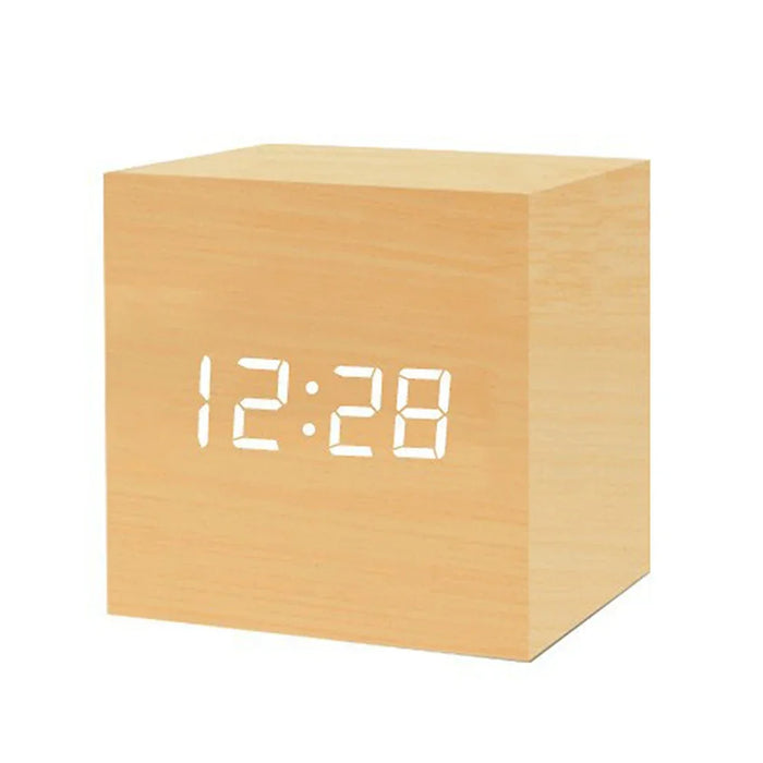 Wooden Digital Alarm Clock with Temperature LED Bedside Clock USB/Battery Powered LED Clock Art Ornament for Office Room Decor