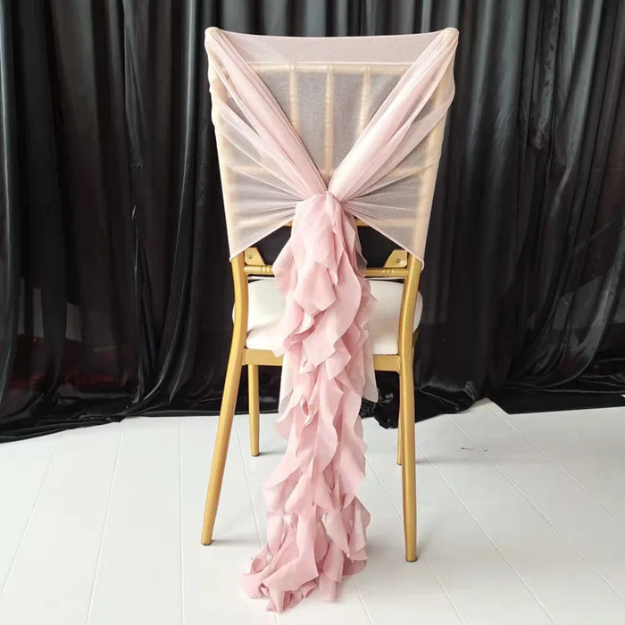 Mesh Hood and Chiffon Ruffle Chair Cap Sash, Blush Pink, White, Blue, Wedding Party Decor, 12Pcs