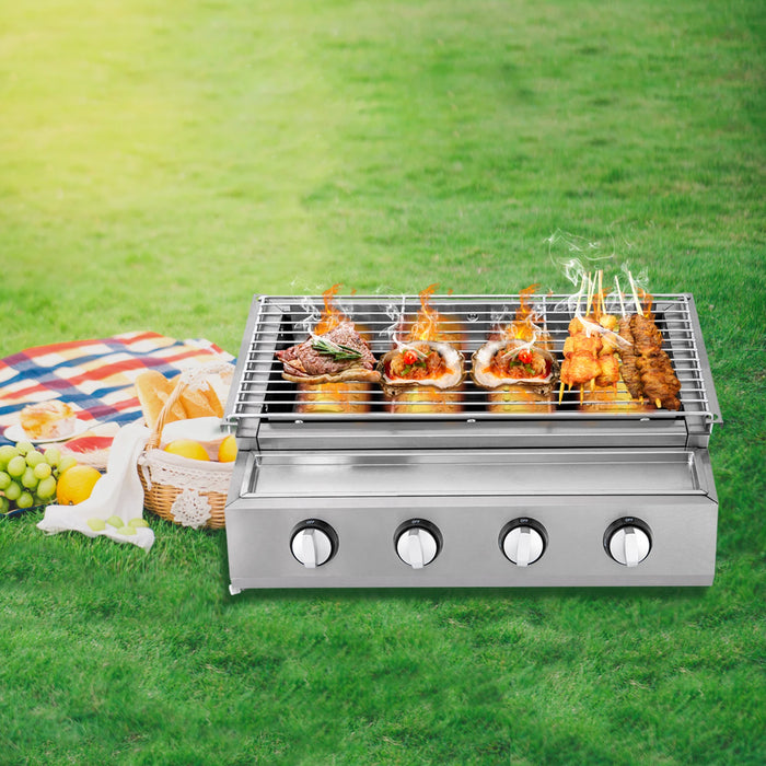 4 Burners Stainless Steel Counter Top Barbecue LPG Gas Grill  Removable BBQ Smokeless Grill for Camping Home Party