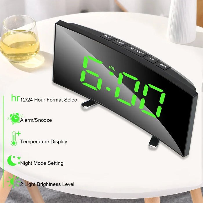 Digital Alarm Clock Large Number Table Clock  Decors   Curved Dimmable Mirror Clock 7 Inch   Bedroom