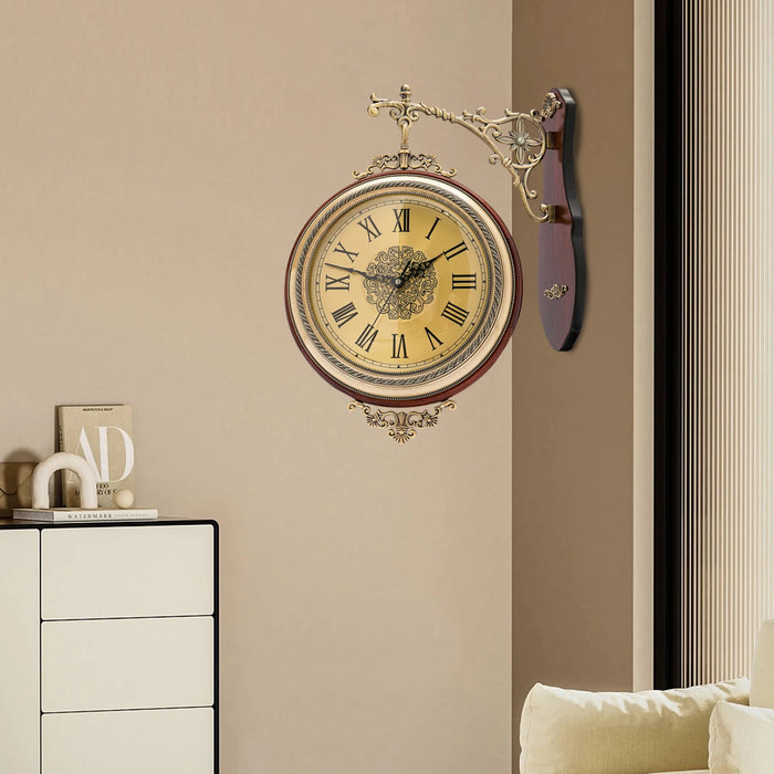 European Art Wall Clock Silent Retro Large Metal Wood Double Sided Wall Clock Living Room Home Decor Clock