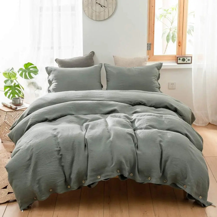 Simple&Opulence 100% Linen 3Pcs Bedding Set  Natural Flax Breathable King Size with Coconut Button Comforter Duvet Cover Set