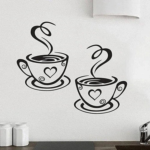 Black Coffee Cups Wall Art Stickers PVC  Kitchen Restaurant Cafe Tea Wall Sticker Coffees Cups Sticker Wall Decal Decor DIY