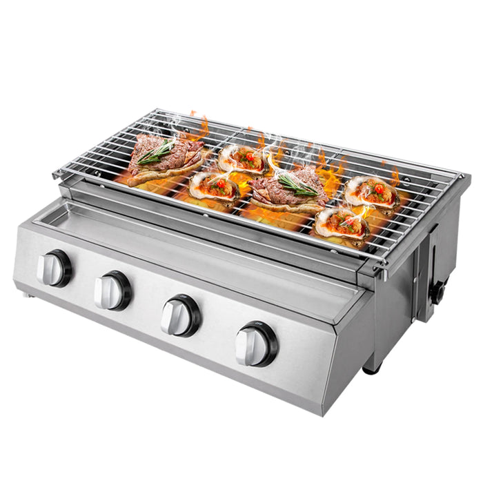 4 Burners Stainless Steel Counter Top Barbecue LPG Gas Grill  Removable BBQ Smokeless Grill for Camping Home Party