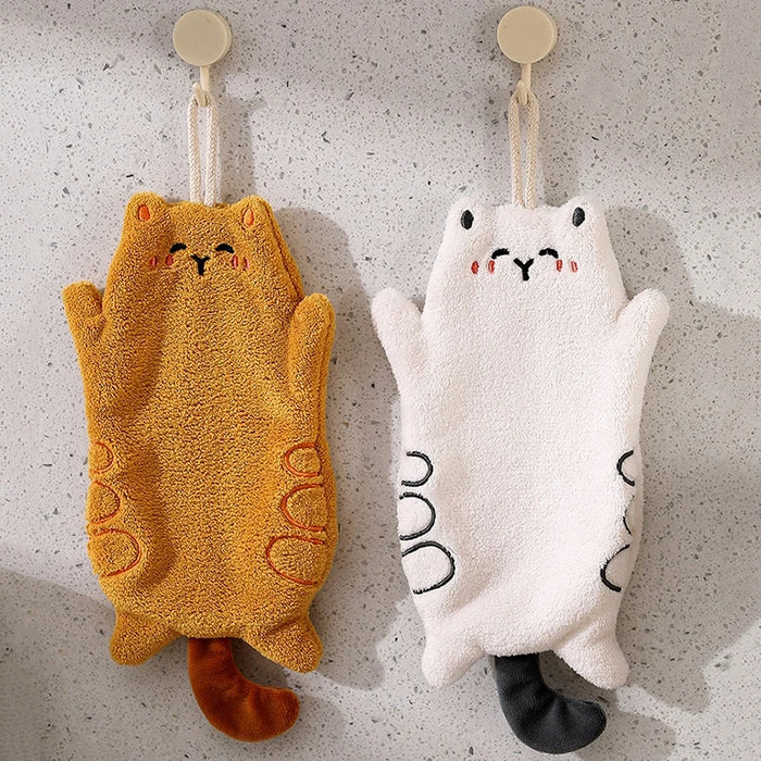 Cute Hand Towels Cat Hanging Towel Coral Fleece Kitchen Cleaning Rags Bathroom Absorbent Quick Dry Handkerchiefs  Decor