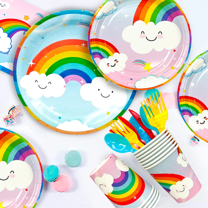 Rainbow Party Supplies,141Pcs Rainbow Party Tableware Set - Rainbow Plates Cups Napkins Table Cloths Serves 20 Guests